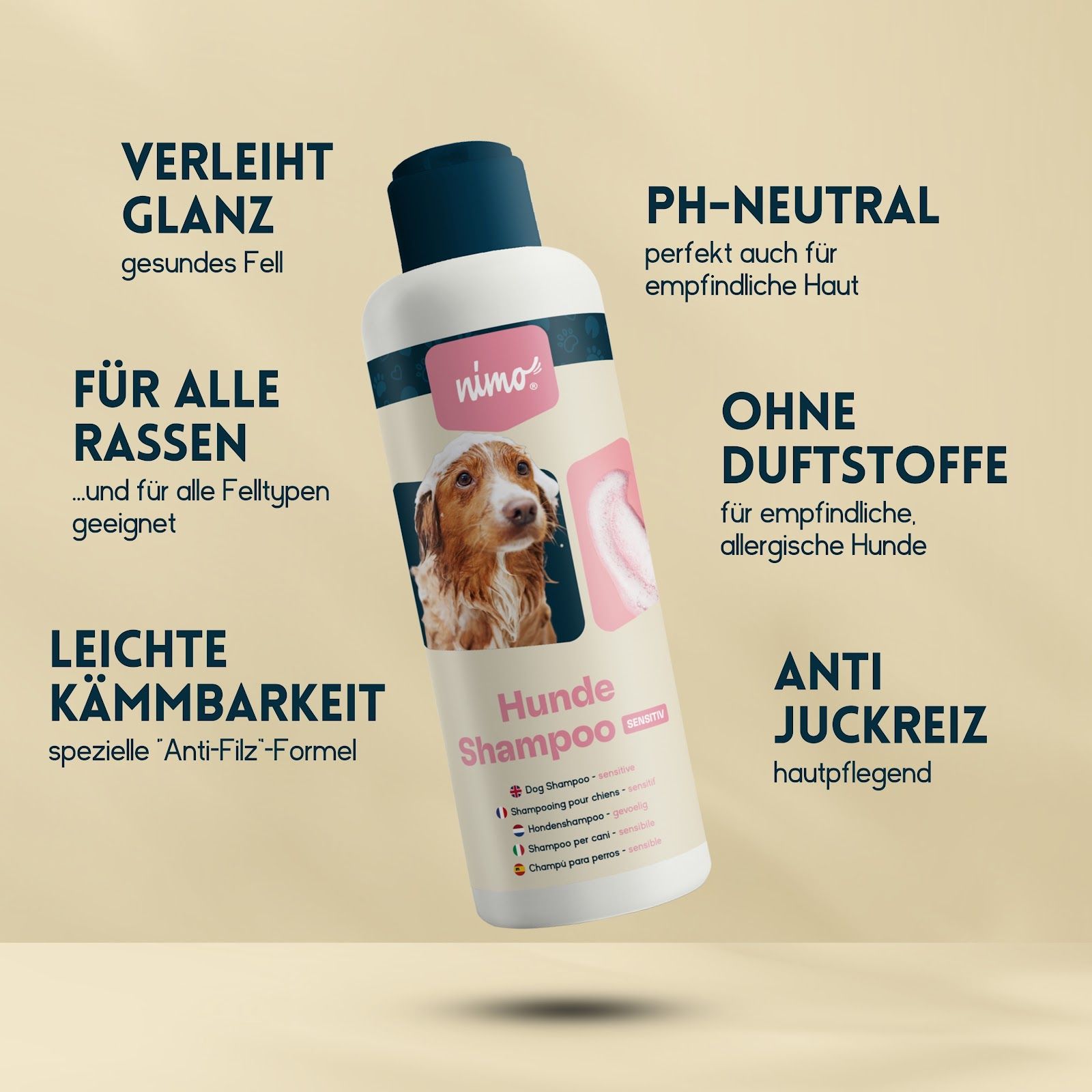 Flacone di shampoo per cani sensitivo. Testo: "VERLEIHT GLANZ", "FÜR ALLE RASSEN", "LEICHTE KÄMMBARKEIT", "PH-NEUTRAL", "OHNE DUFTSTOFFE", "ANTI JUCKREIZ".