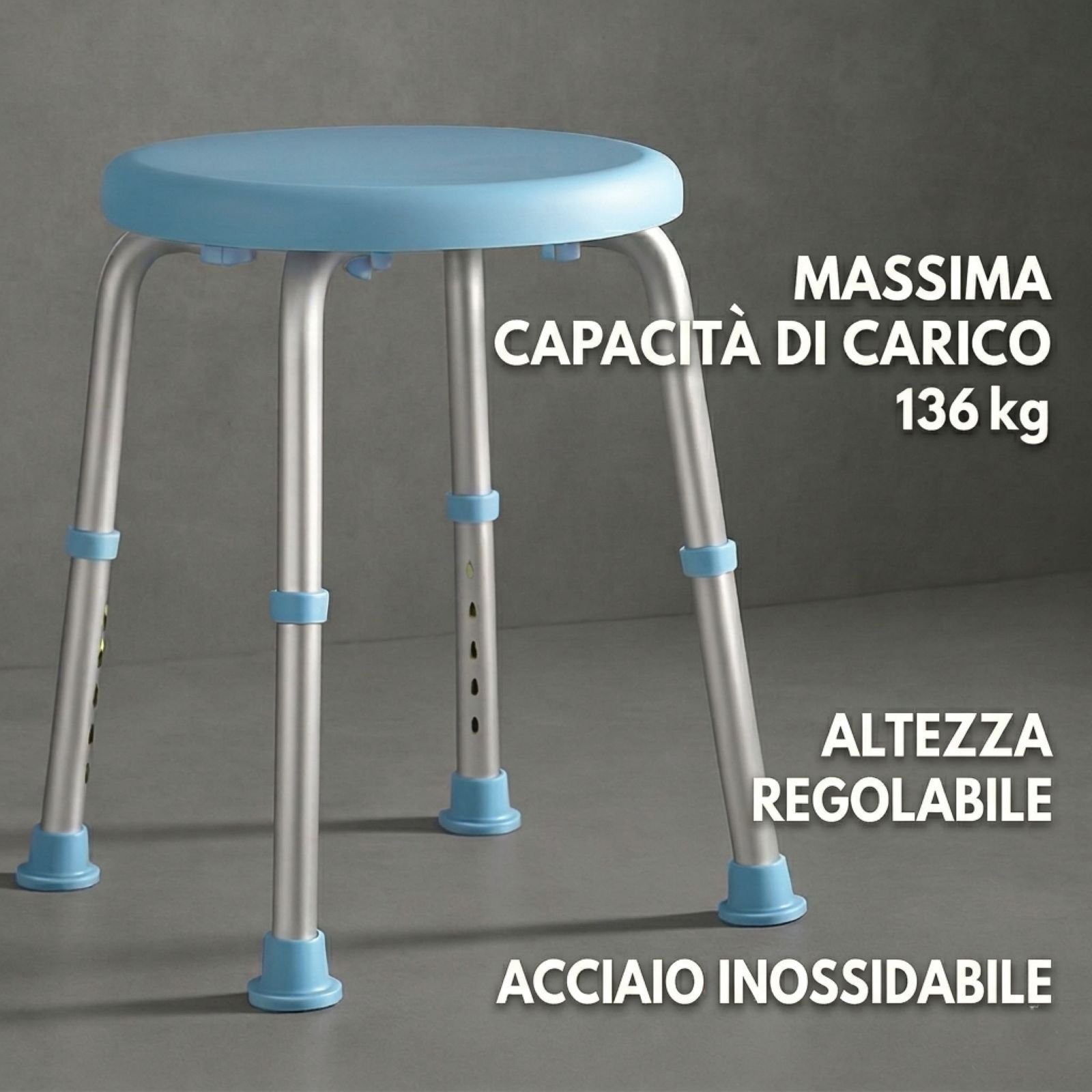Sgabello doccia, blu e argento. Capacità max. 136 kg. Regolabile in altezza, inossidabile.