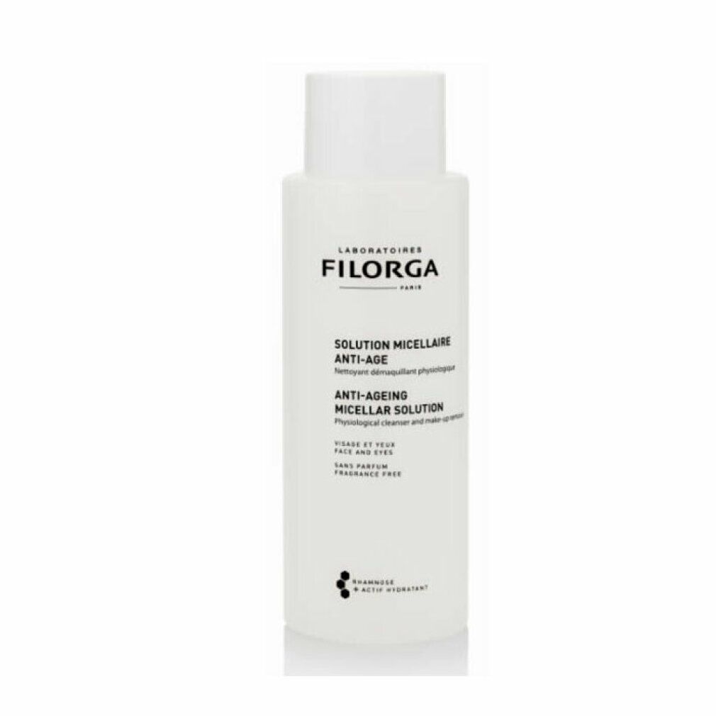 Flacone bianco con logo Filorga e testo. Scritta: Solution Micellaire Anti-Age. Detergente fisiologico e struccante.