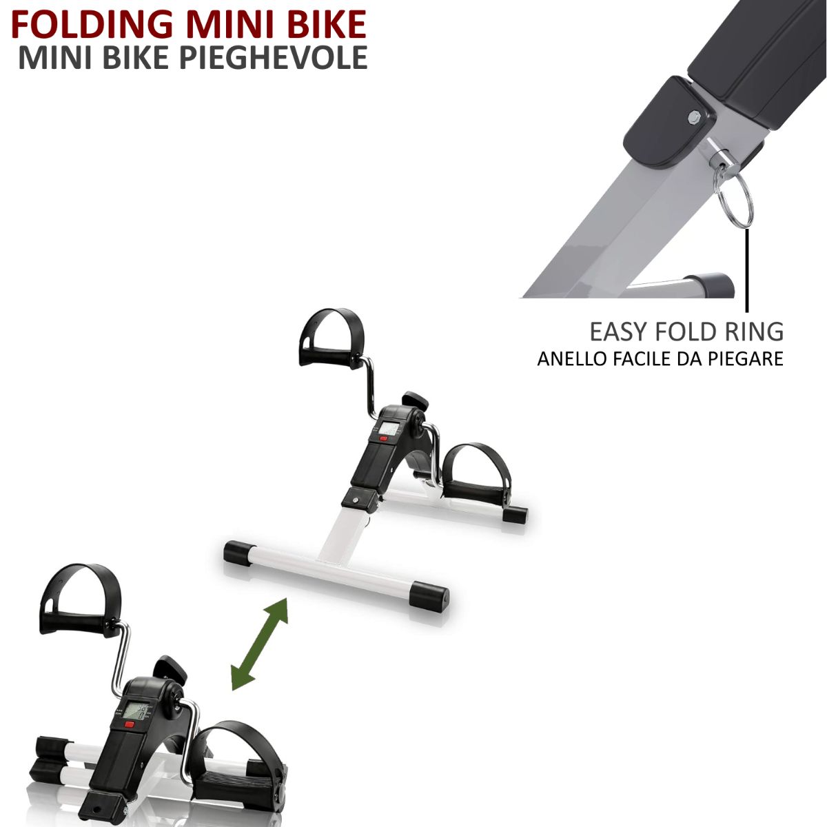 Mini bike pieghevole. Testo: Mini bike pieghevole. Con anello facile da piegare.