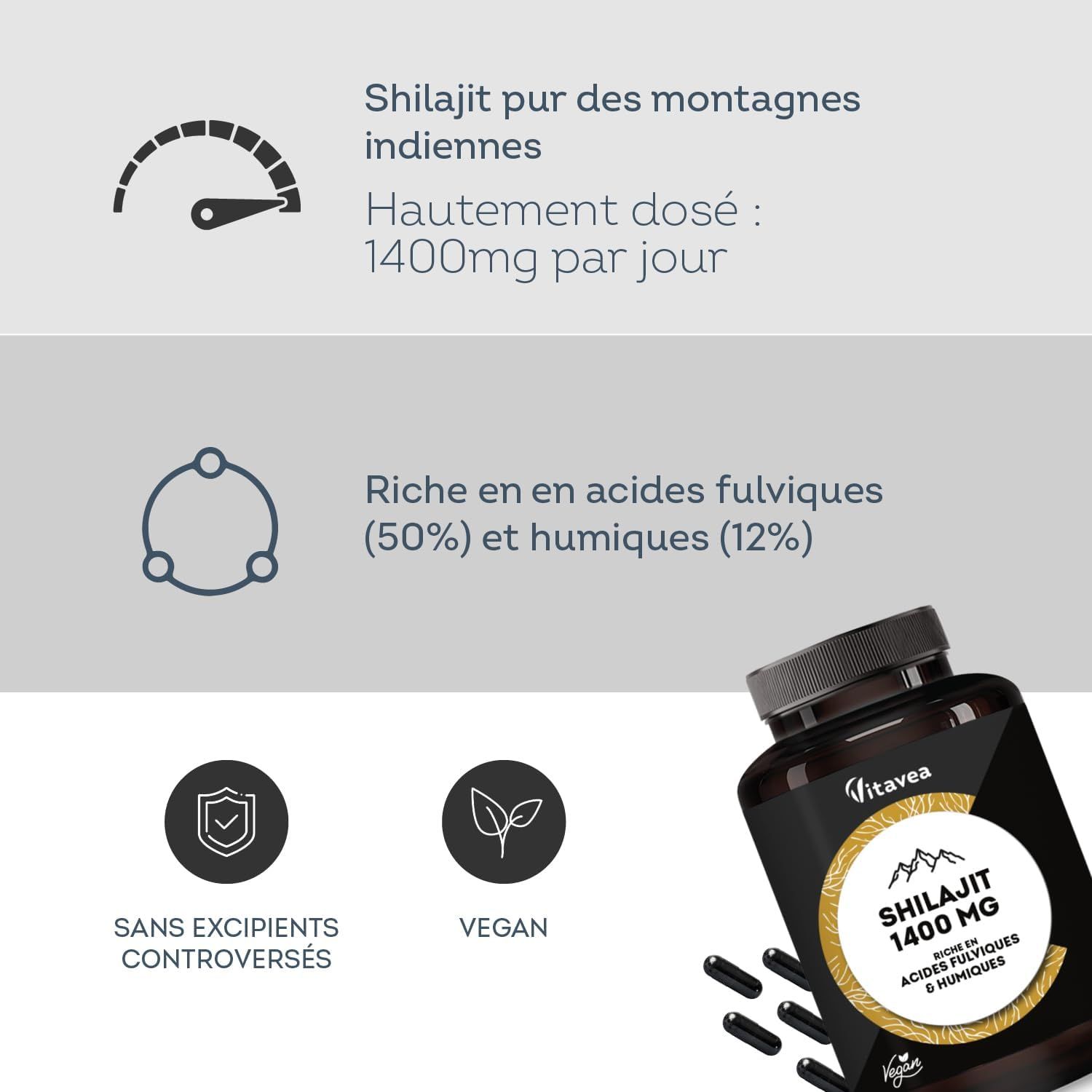 Flacone marrone con capsule nere. Scritta: Vitavea Shilajit 1400 MG. Contiene acido fulvico e umico. Vegano.