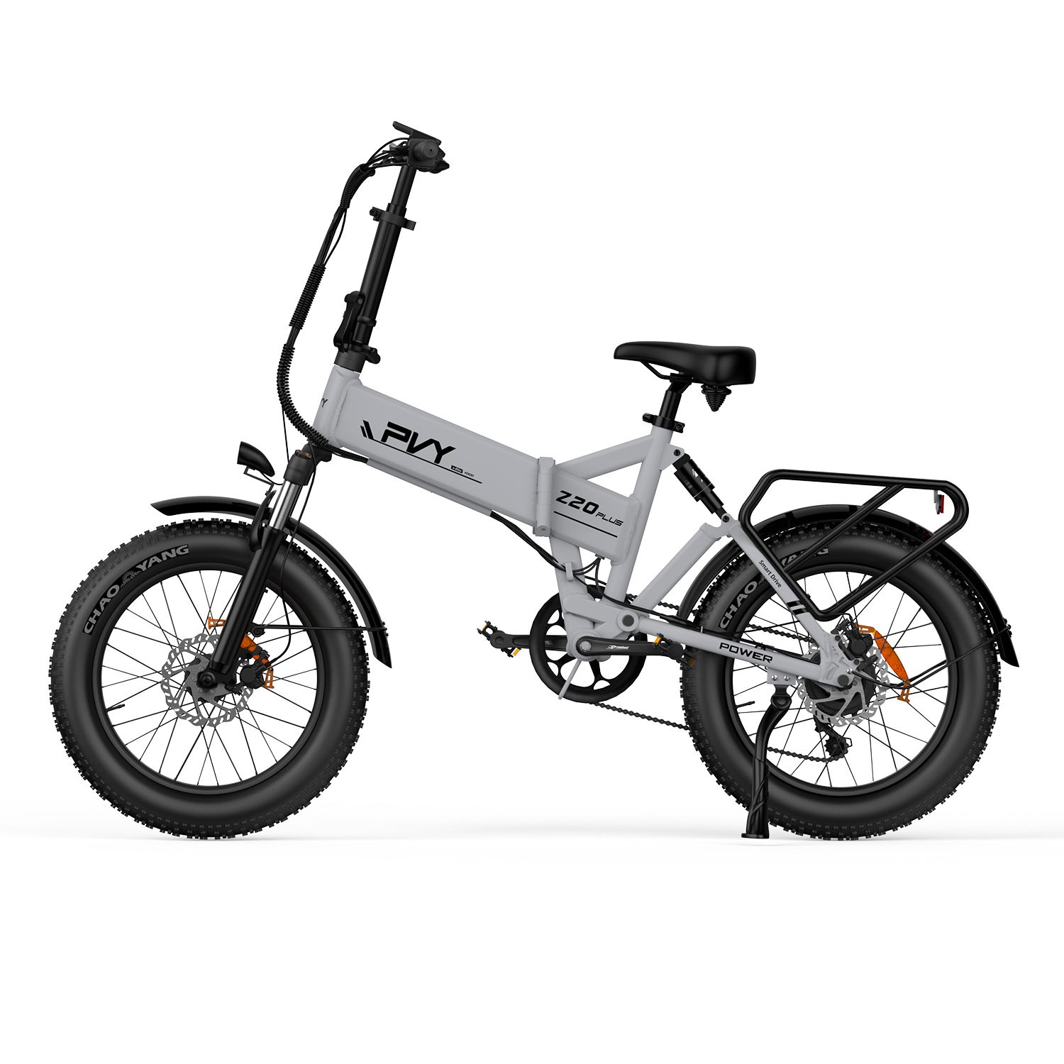 E-bike grigio con pneumatici neri e portapacchi. Scritta: PVY Z20 Plus.