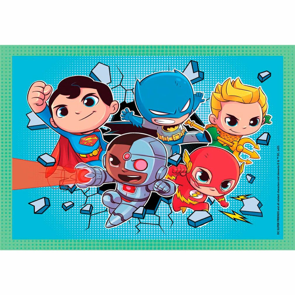 Puzzle con supereroi. Cinque personaggi su sfondo blu. Stile fumetto.