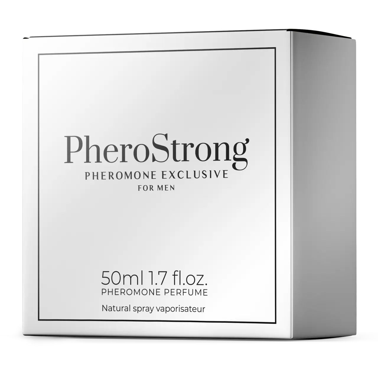 Confezione bianca con scritta PheroStrong, Pheromone Exclusive for Men. 50ml, Natural spray vaporisateur.