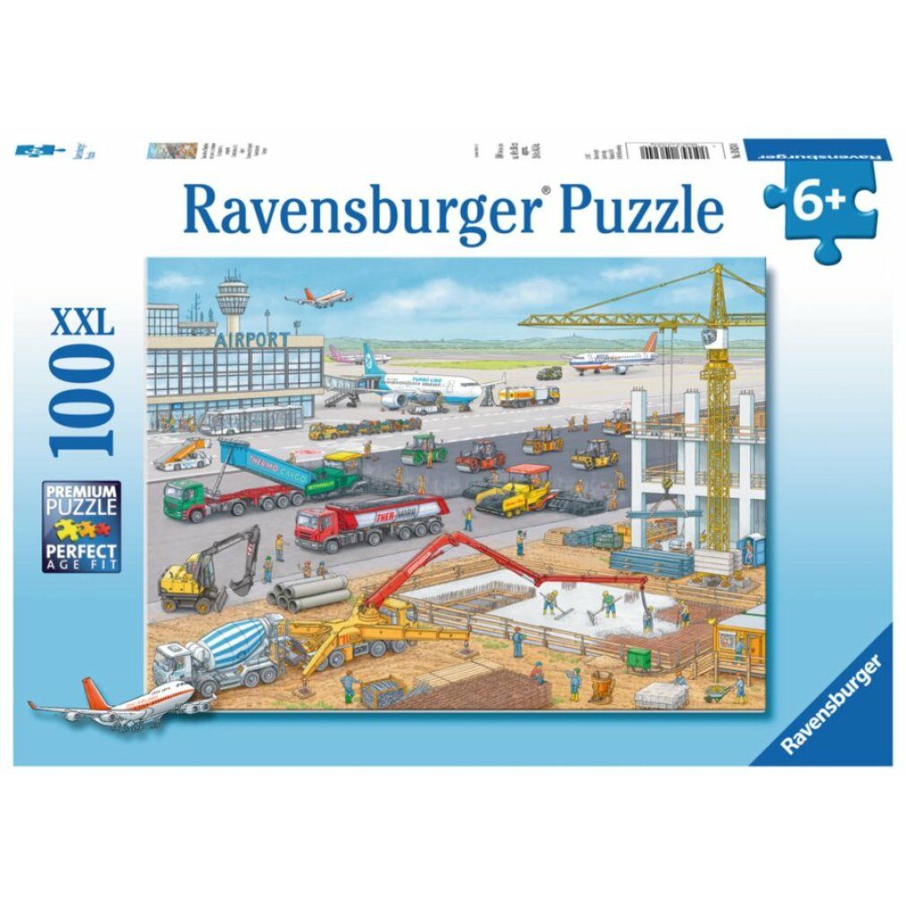 Puzzle con motivo cantiere aeroportuale. XXL, 100 pezzi. Confezione con logo e raccomandazione d'età 6+. Premium Puzzle.