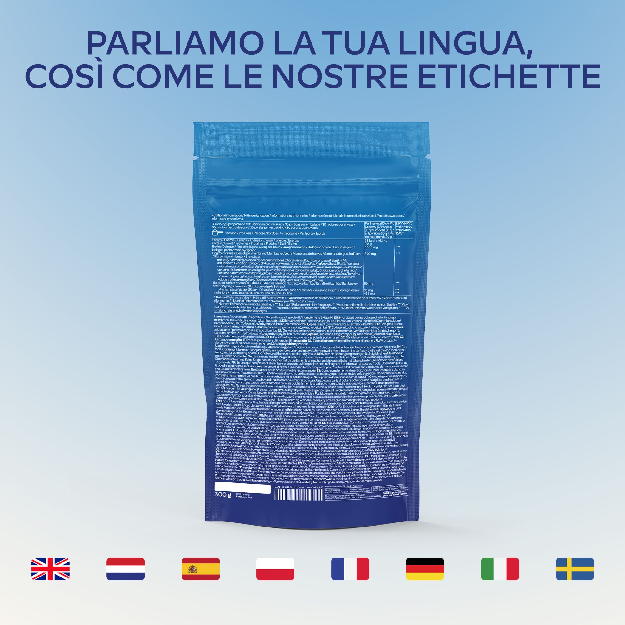 Retro della busta blu. Testo in diverse lingue. Bandiere: Regno Unito, NL, ES, PL, FR, DE, IT, SE.