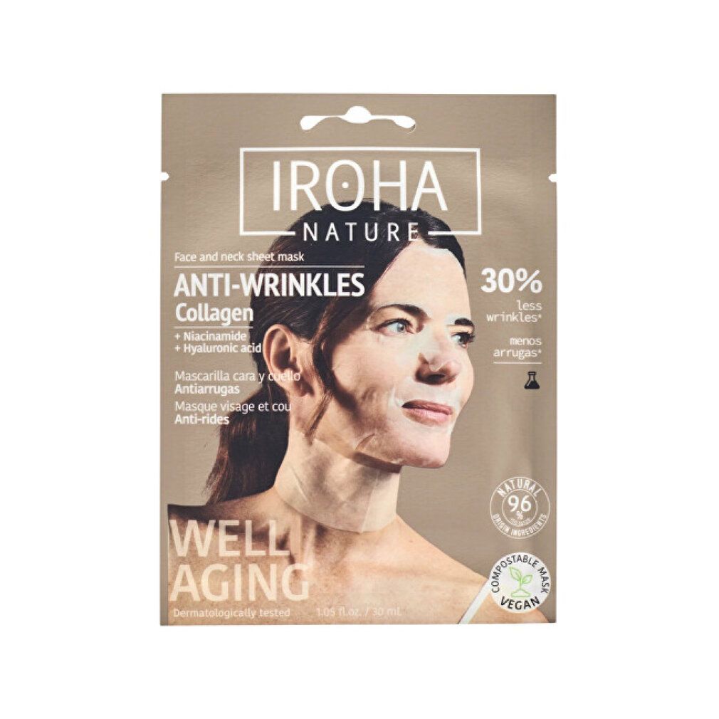 Maschera viso e collo Iroha Nature Anti-Rughe al collagene per il 'Well Aging'.