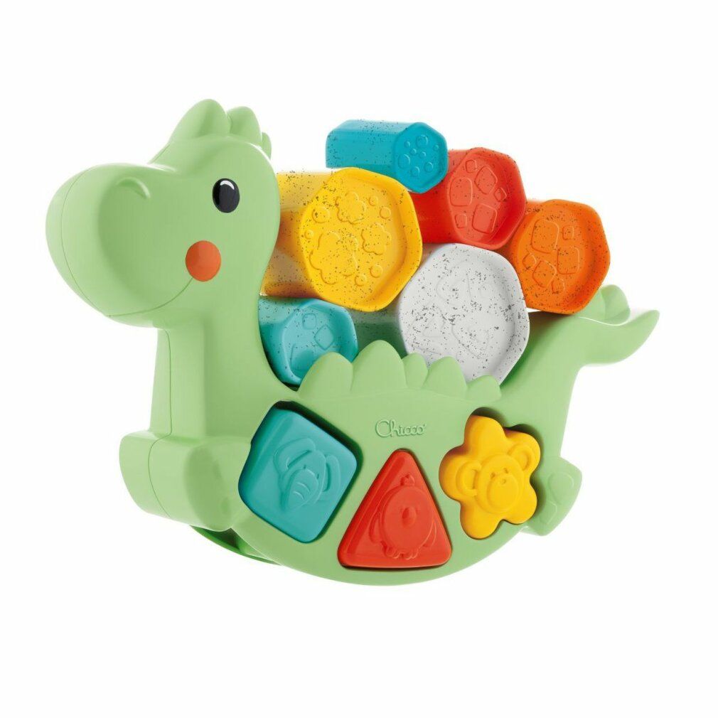 Dinosauro verde con forme colorate da inserire. Diverse forme e colori. Giocattolo per bambini piccoli.