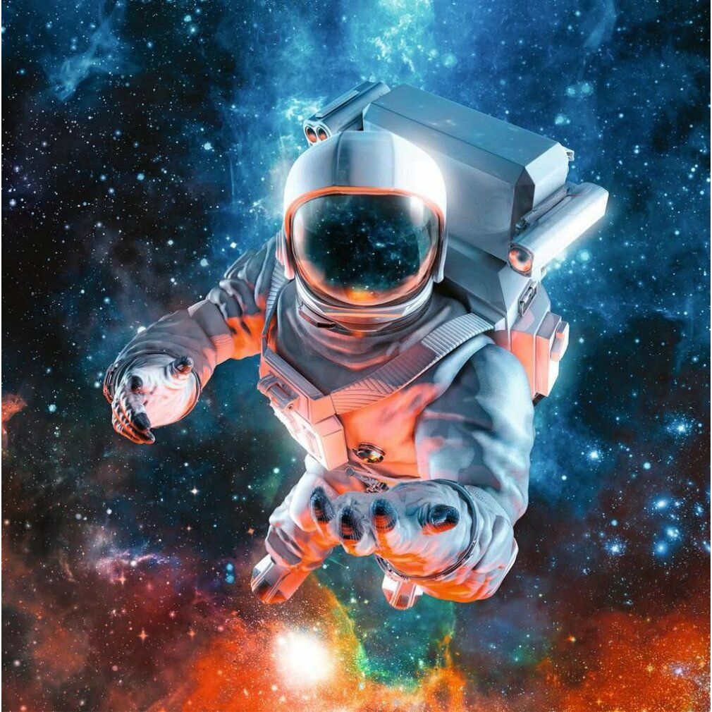 Astronauta nello spazio, fluttuante davanti a uno sfondo colorato di stelle e nebulose.