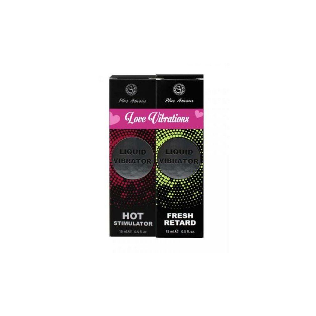 Due scatole nere con logo "Secret Play Love Vibrations". Scritte: "Liquid Vibrator", "Hot Stimulator" e "Fresh Retard".