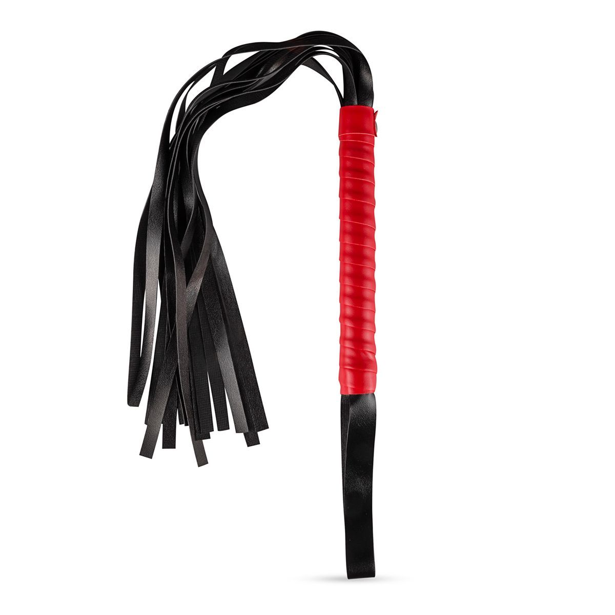 Frusta con manico rosso e cinghie in pelle nera. Manico rosso con superficie scanalata.