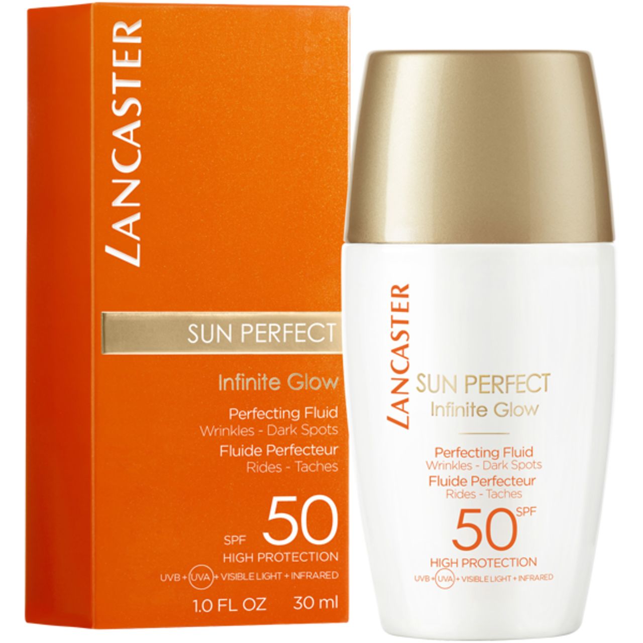 Flacone e confezione. Scritta: Lancaster Sun Perfect Infinite Glow, SPF 50. Prodotto per rughe, macchie. Confezione arancione.