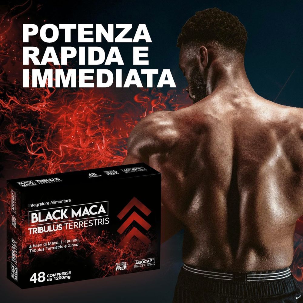 Uomo muscoloso. Sfondo: Scatola nera con compresse. Scritto: BLACK MACA TRIBULUS TERRESTRIS. Testo: POTENZA RAPIDA E IMMEDIATA.