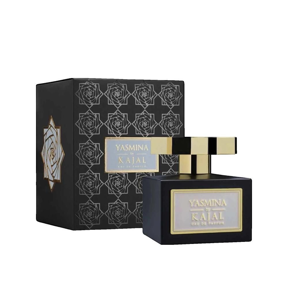 Scatola nera e flacone. Scritta: Yasmina by Kajal Eau de Parfum. Tappo dorato.