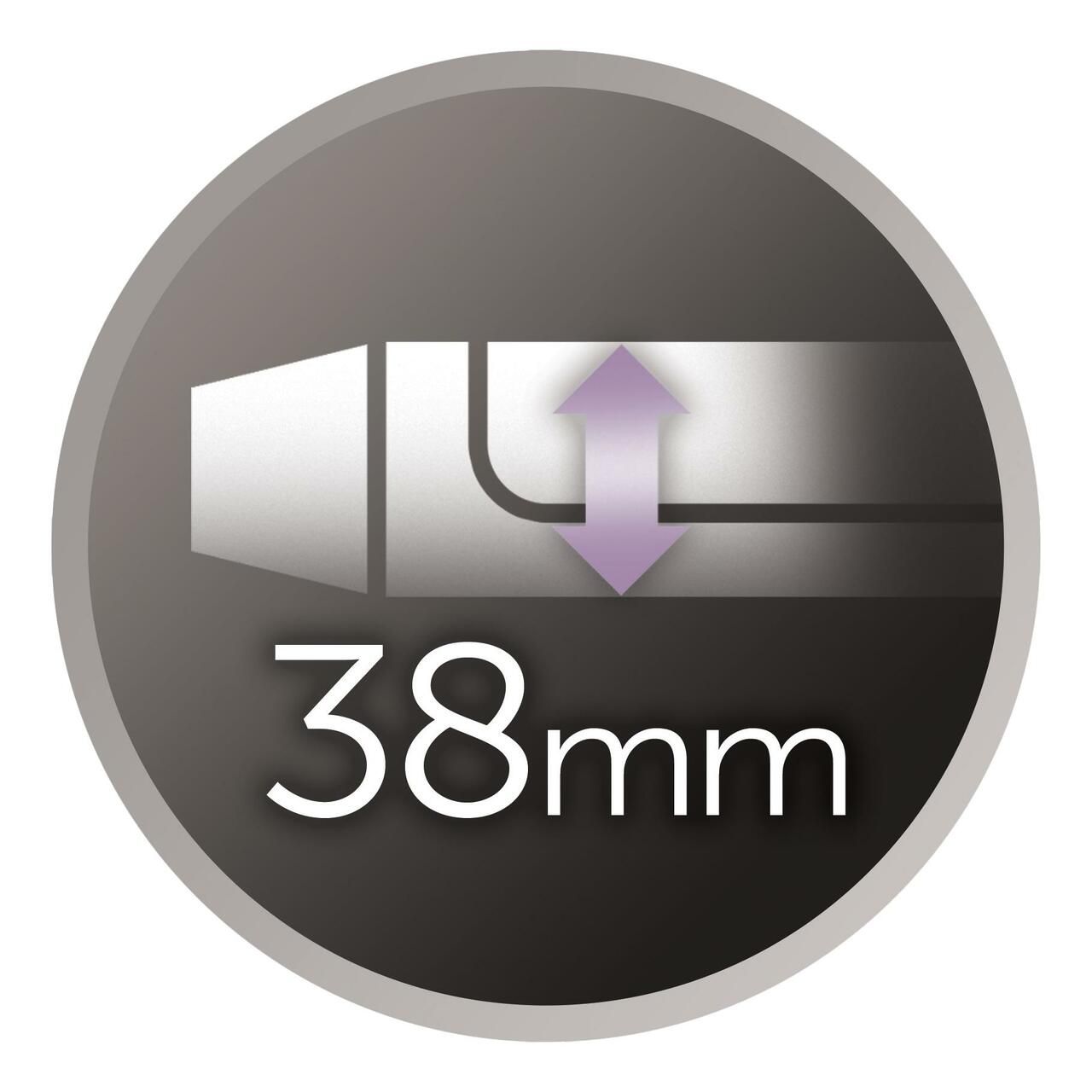 Icona rotonda con freccia e misura. Diametro 38mm.