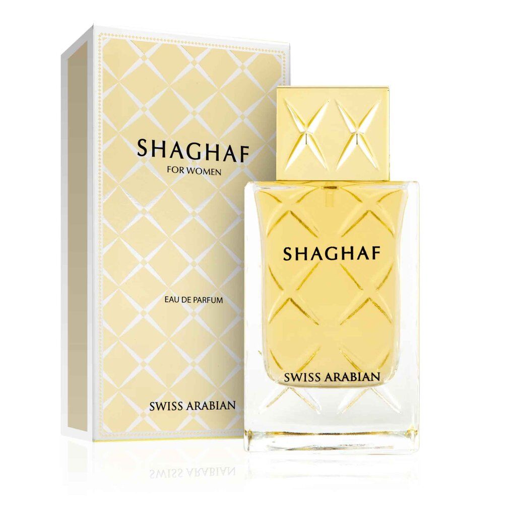 Flacone di profumo e confezione. Flacone con tappo dorato e scritta. Confezione con scritta e motivo.