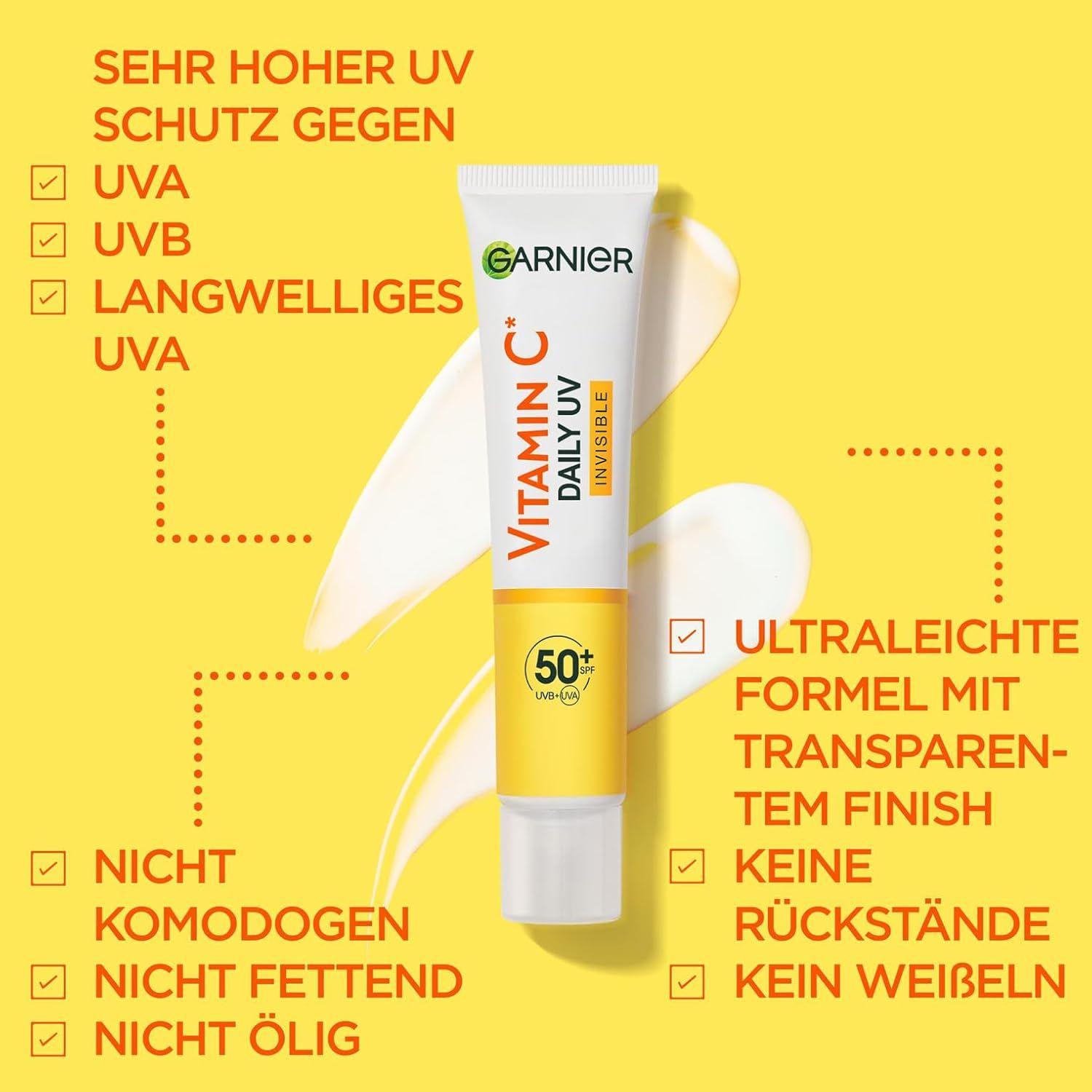 Garnier Vitamin C Daily UV Invisible, tubo. Testo: 50+ SPF, Vitamina C. Sfondo giallo.