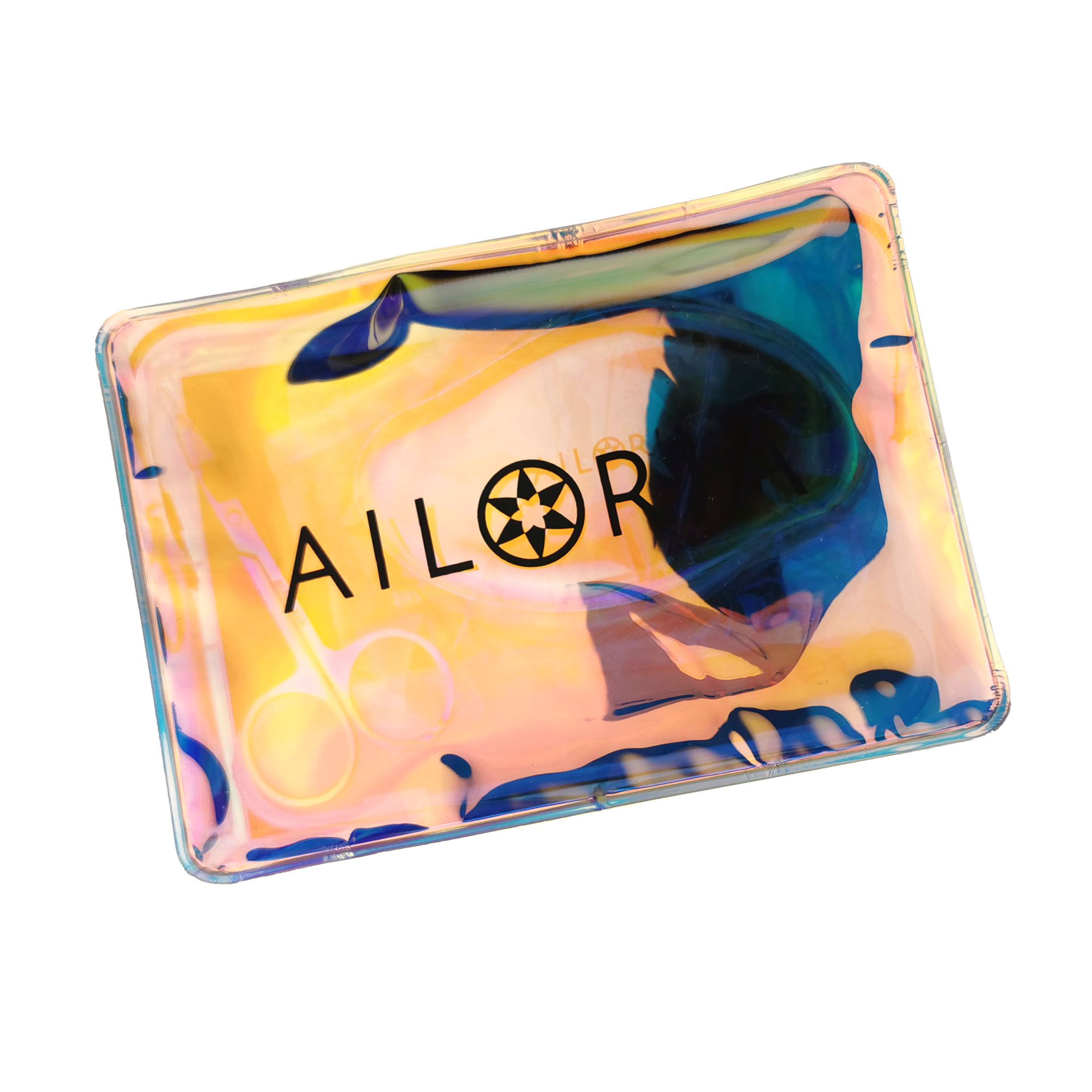 Borsa trasparente con logo AILORIA. Riflessi arcobaleno. Sagoma di forbici visibile.