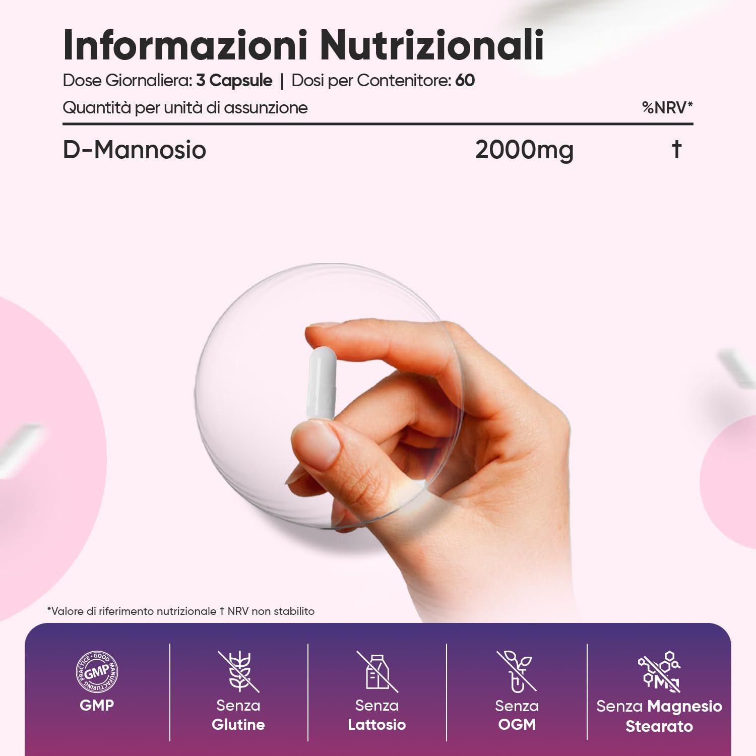 Mano con capsula. Testo: Informazioni nutrizionali, 2000mg D-Mannosio. Loghi: GMP, senza glutine, senza lattosio, senza OGM, senza stearato di magnesio.