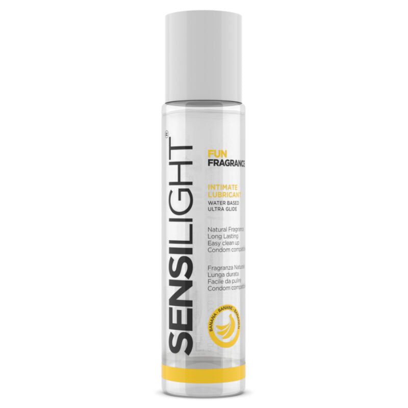 Lubrificante Sensilight base acqua banana. Flacone trasparente con tappo bianco. Simbolo banana.