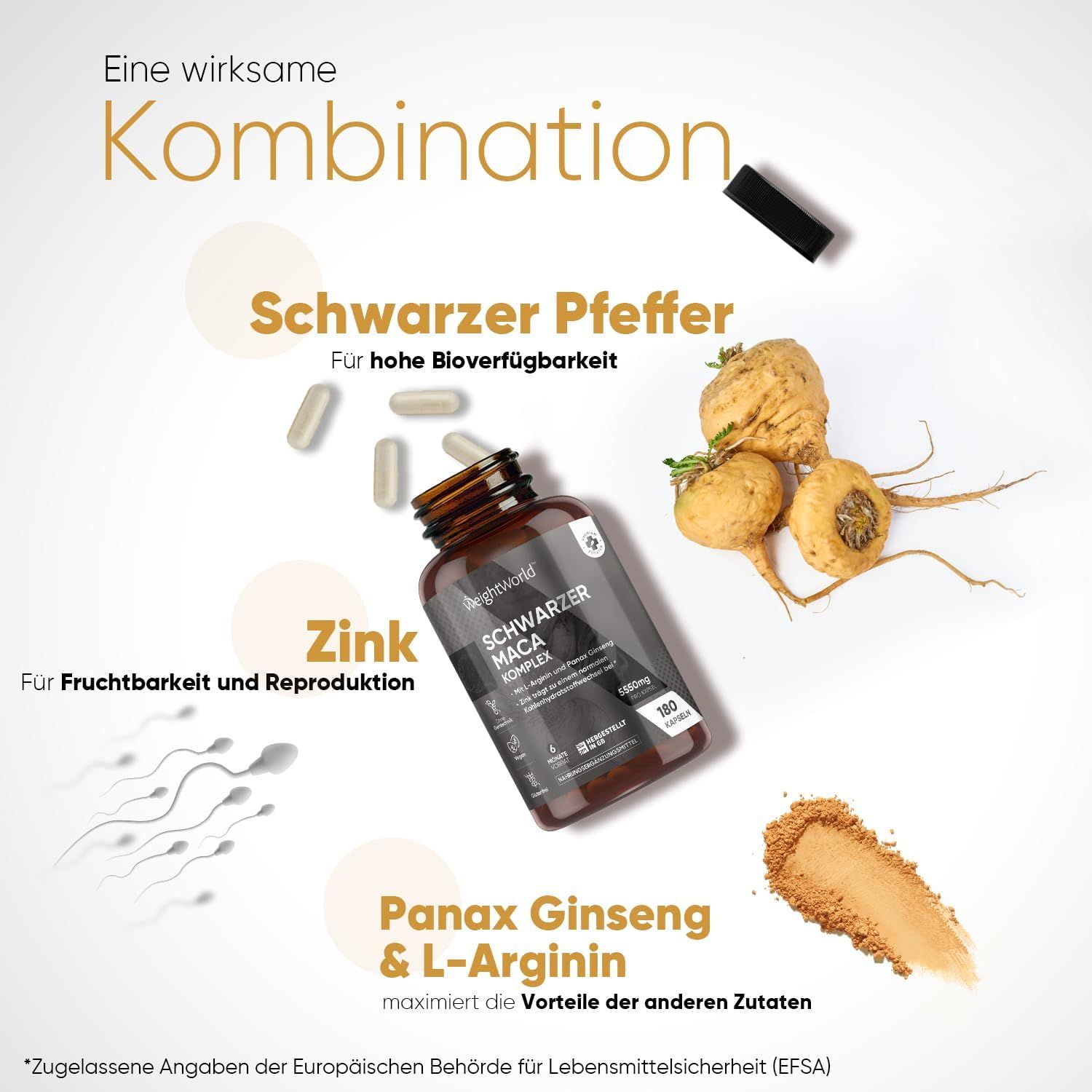 Flacone, capsule, radici di maca, pepe e polvere. Scritta: Schwarzer Maca Komplex. Testo: Combinazione, zinco, Panax Ginseng & L-Arginina.