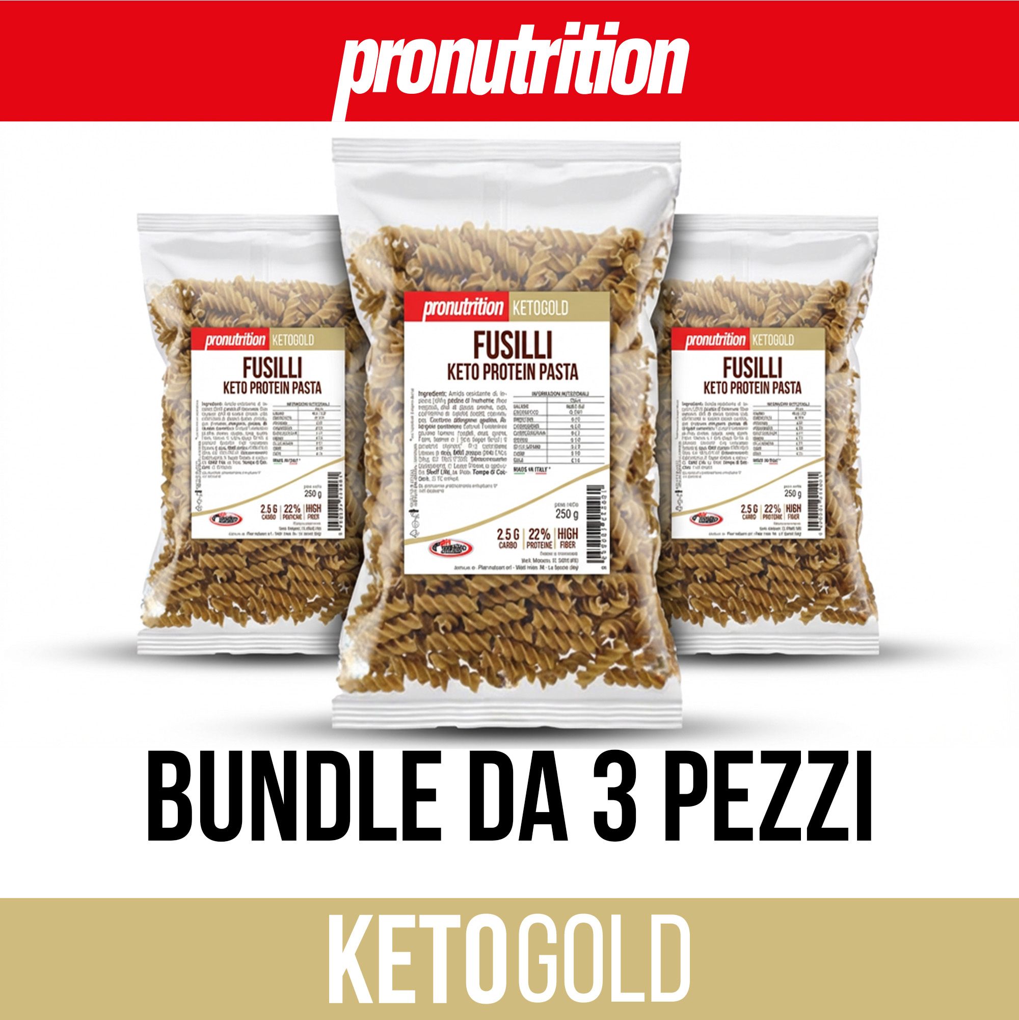 Tre confezioni di pasta Fusilli Keto Protein. Confezione trasparente con informazioni sul prodotto. Scritta: Bundle da 3 pezzi.