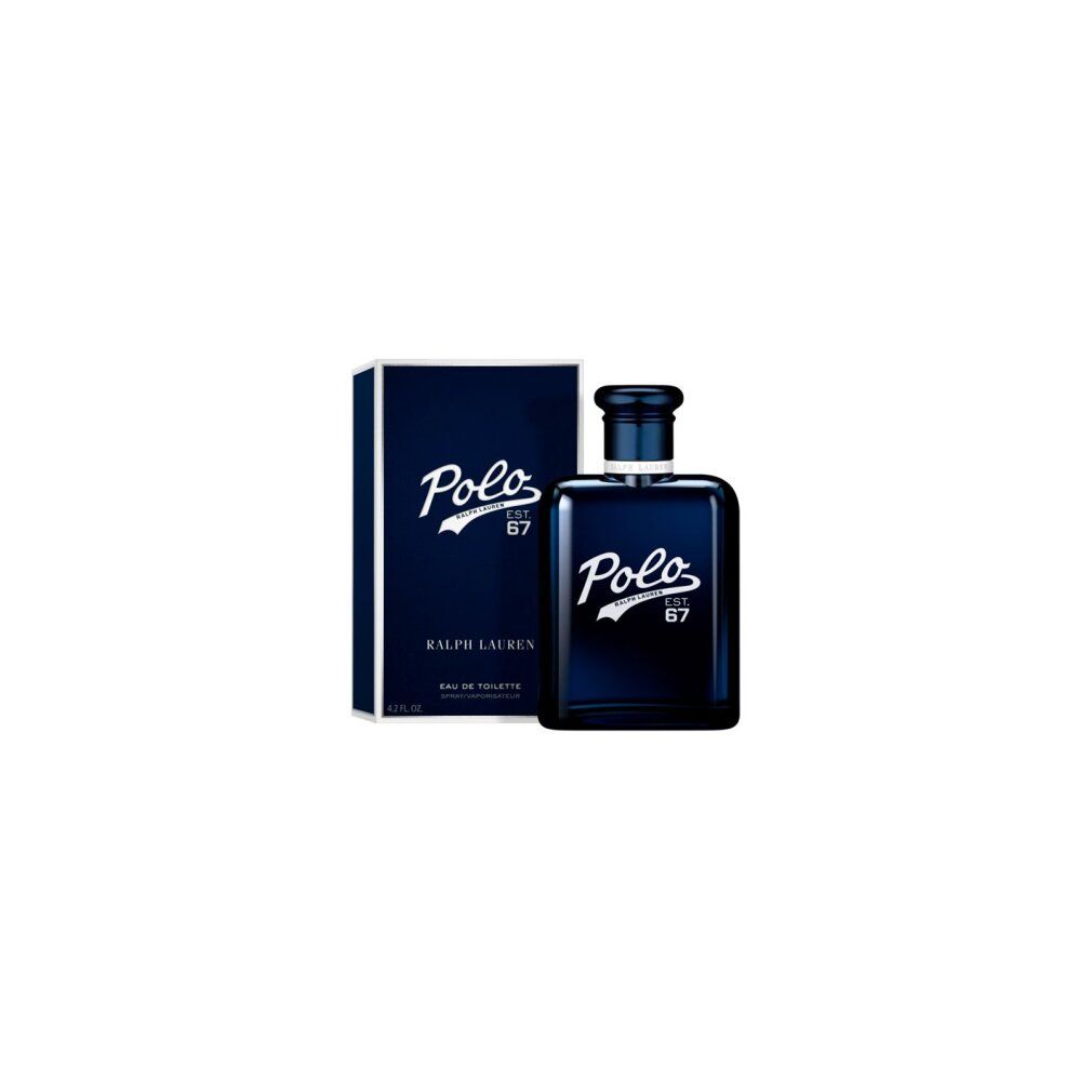 Flacone e scatola blu scuro con logo "Polo" bianco. Visibili anche "RALPH LAUREN" e "EST. 67".