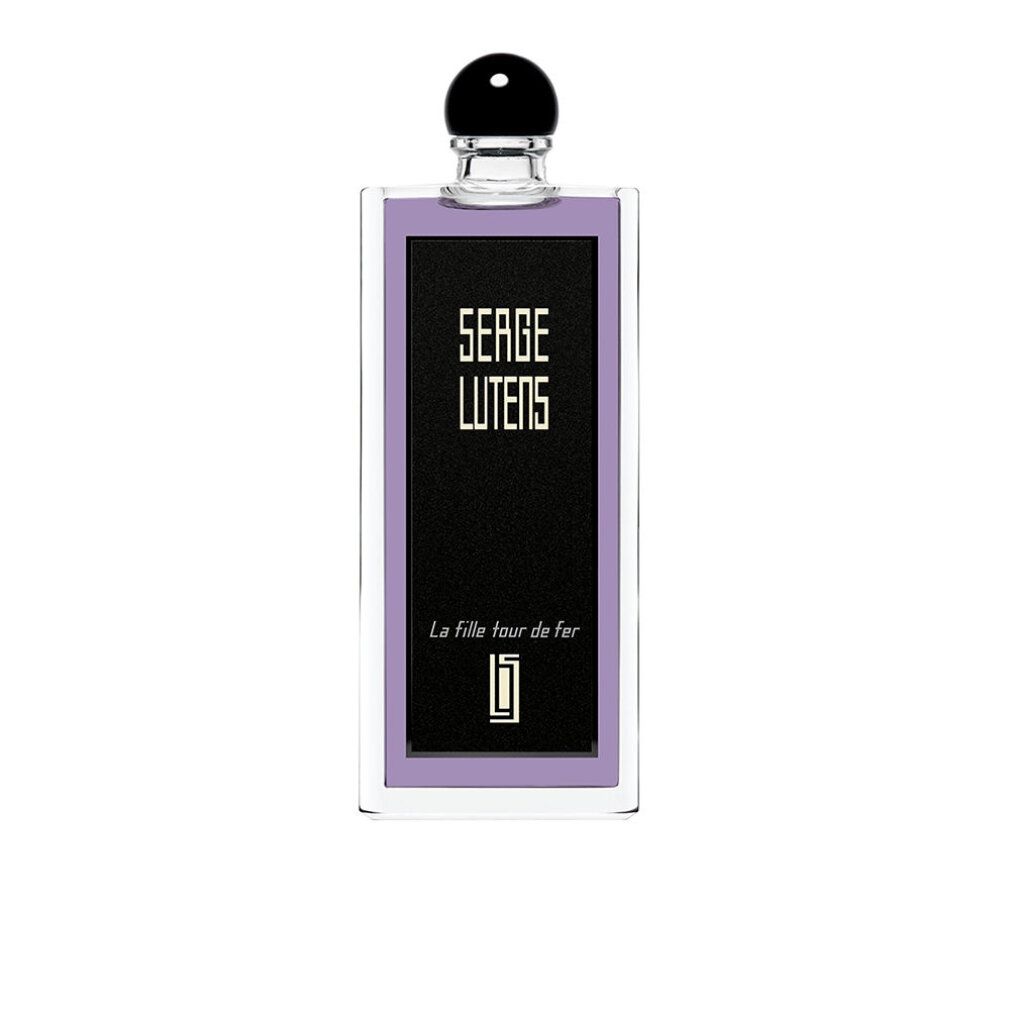 Flacone rettangolare con tappo nero. Etichetta nera con testo bianco. Scritte: Serge Lutens, La Fille tour de fer, Eau de Parfum.