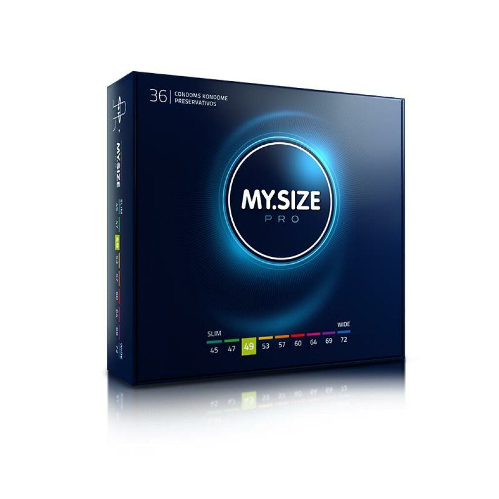 Confezione di preservativi MY.SIZE PRO, 36 pezzi. Taglie: 45, 47, 49, 53, 57, 60, 64, 69, 72. Design blu con indicazioni taglie.