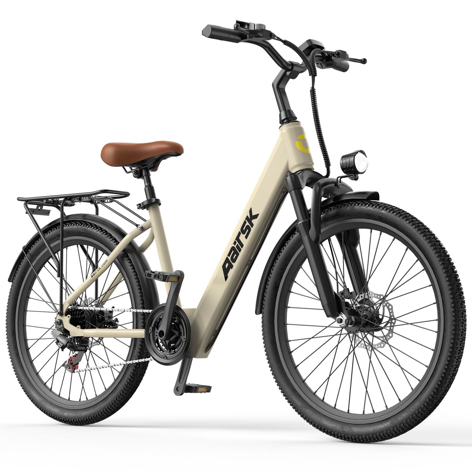 Bicicletta elettrica beige con telaio nero, sella marrone e portapacchi. Marchio Aairsk.