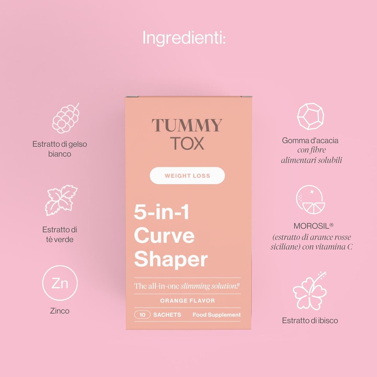 Confezione di Tummy Tox 5-in-1 Curve Shaper. Contiene: estratto di gelso bianco, tè verde, zinco, gomma d'acacia, Morosil e ibisco.