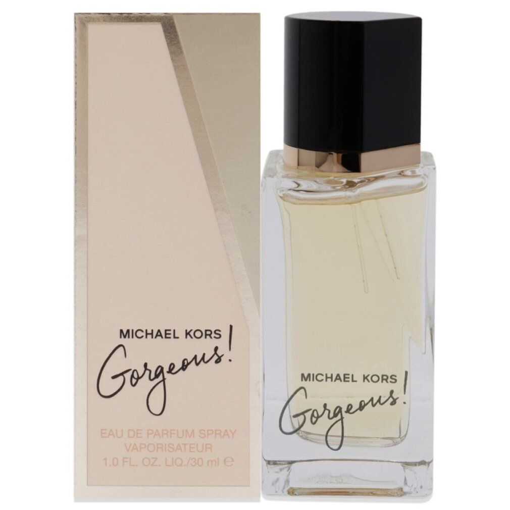 Michael Kors Gorgeous Eau de Parfum Spray. Flacone di vetro rettangolare con tappo nero e confezione rosa. Testo: Michael Kors Gorgeous!