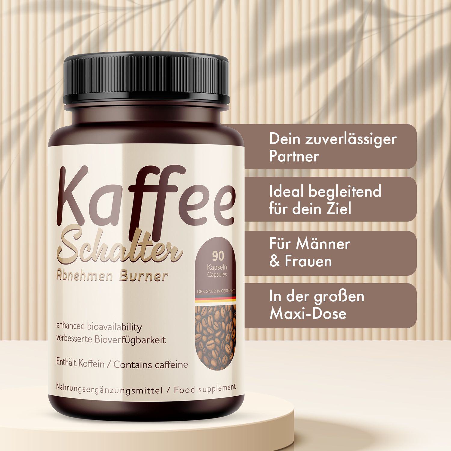 Flacone di capsule marrone. Scritta: Kaffee Schalter Abnehmen Burner. Contiene 90 capsule. Immagine di chicchi di caffè. Testo: Il tuo partner affidabile.