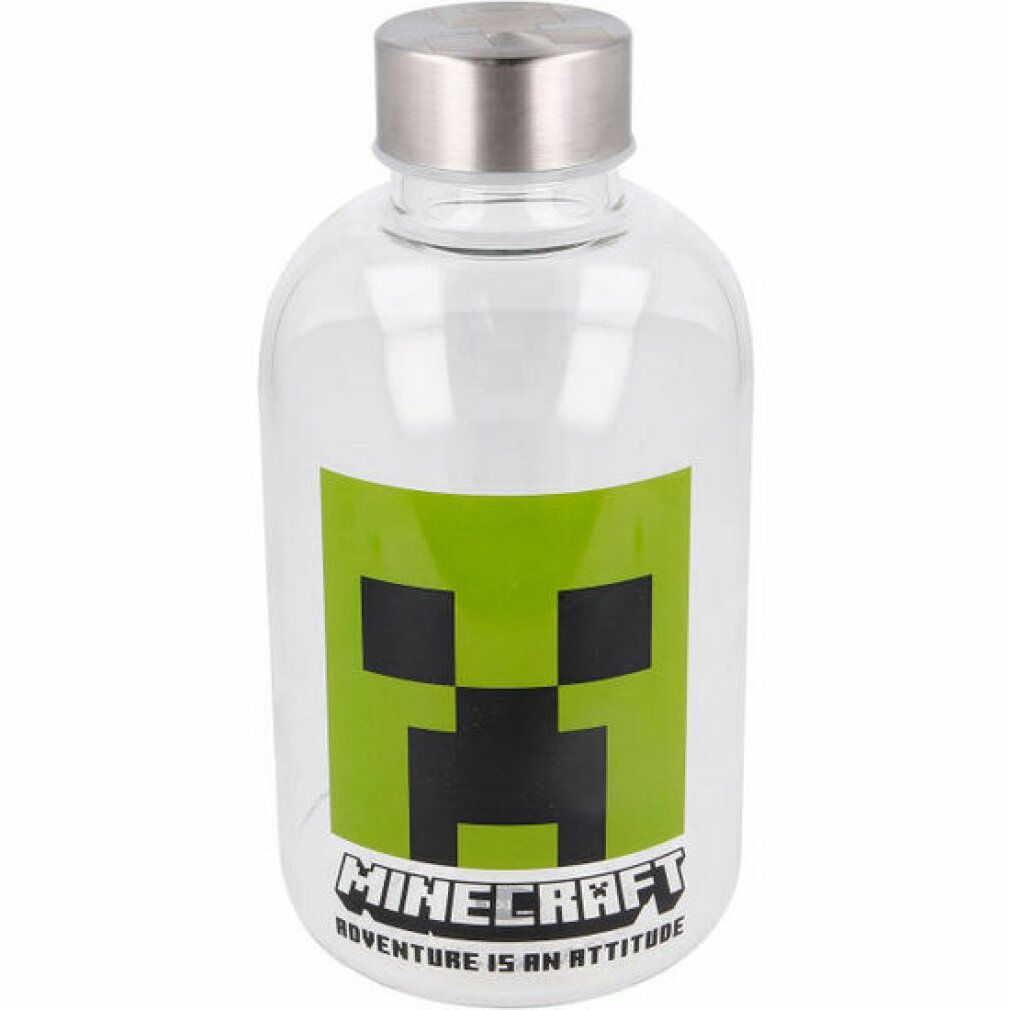 Bottiglia in vetro trasparente con tappo argentato. Stampa: volto verde Minecraft e scritta.