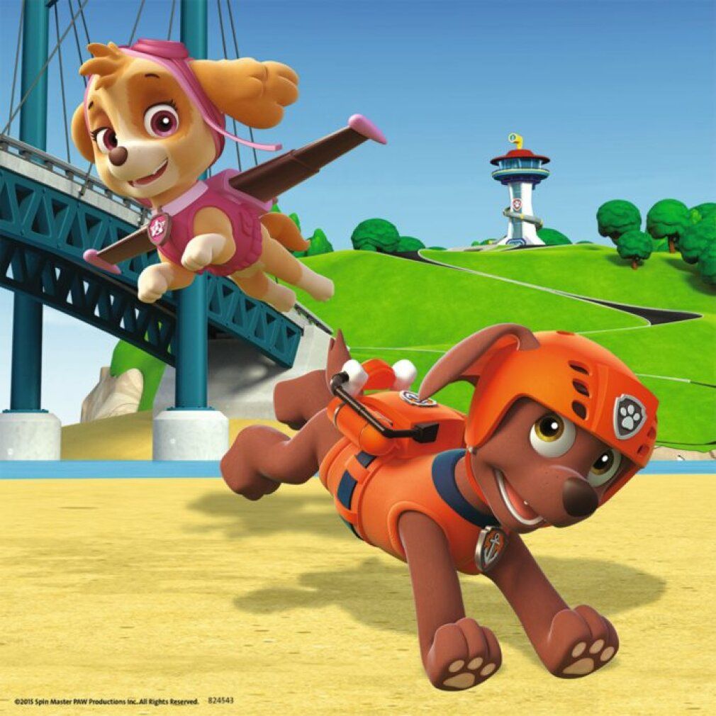 Due personaggi di Paw Patrol in azione. Uno vola, l'altro corre. Sfondo: spiaggia e ponte.