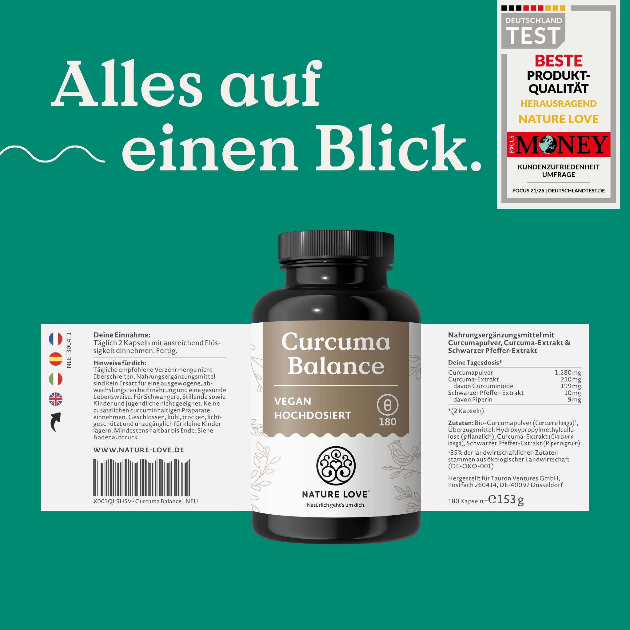 Flacone Curcuma Balance con etichetta. Sigilli: Deutschland Test, Migliore Qualità Prodotto.