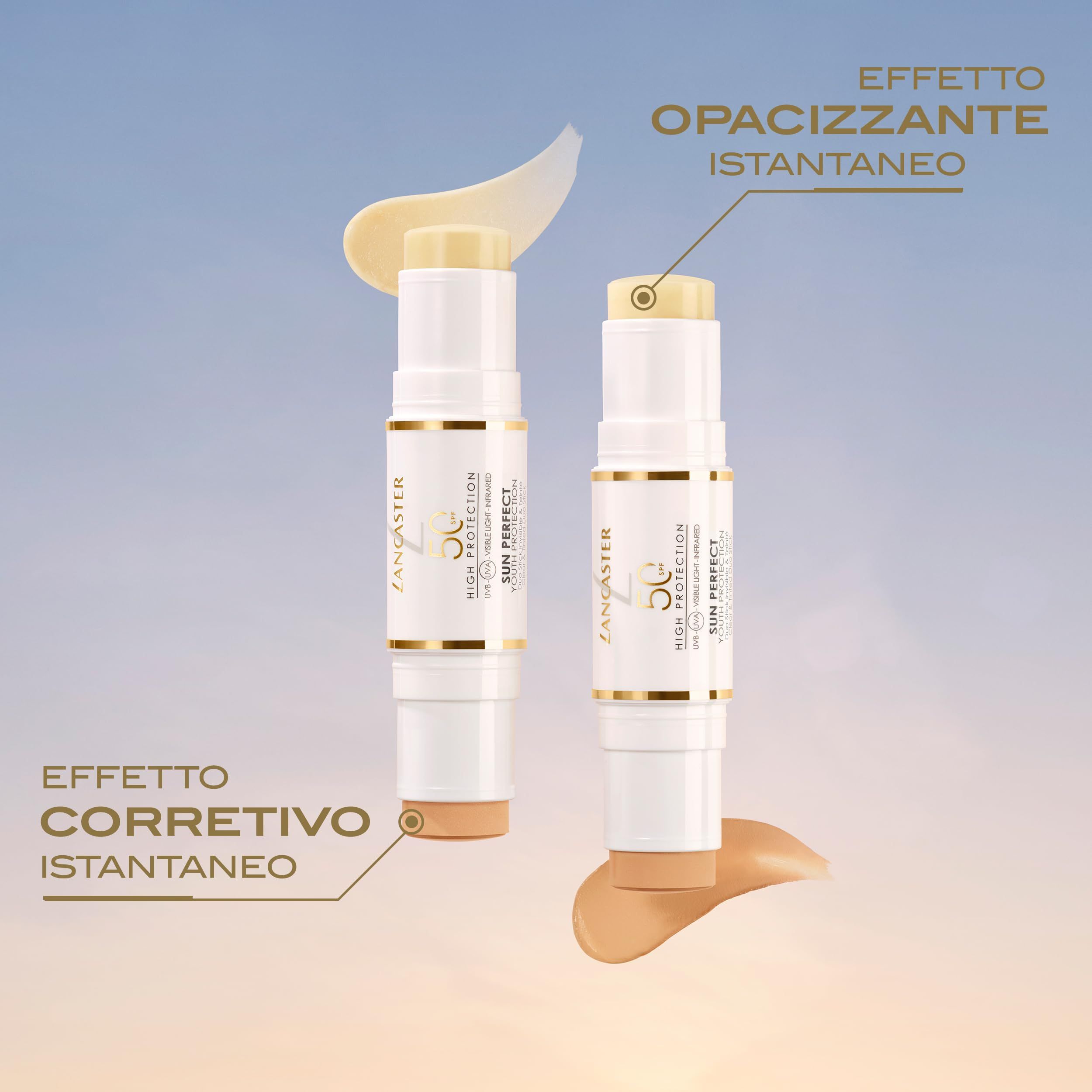 Due stick con estremità colorate. Scritte: Lancaster, 50, High Protection, Sun Perfect. Prodotto e testo.