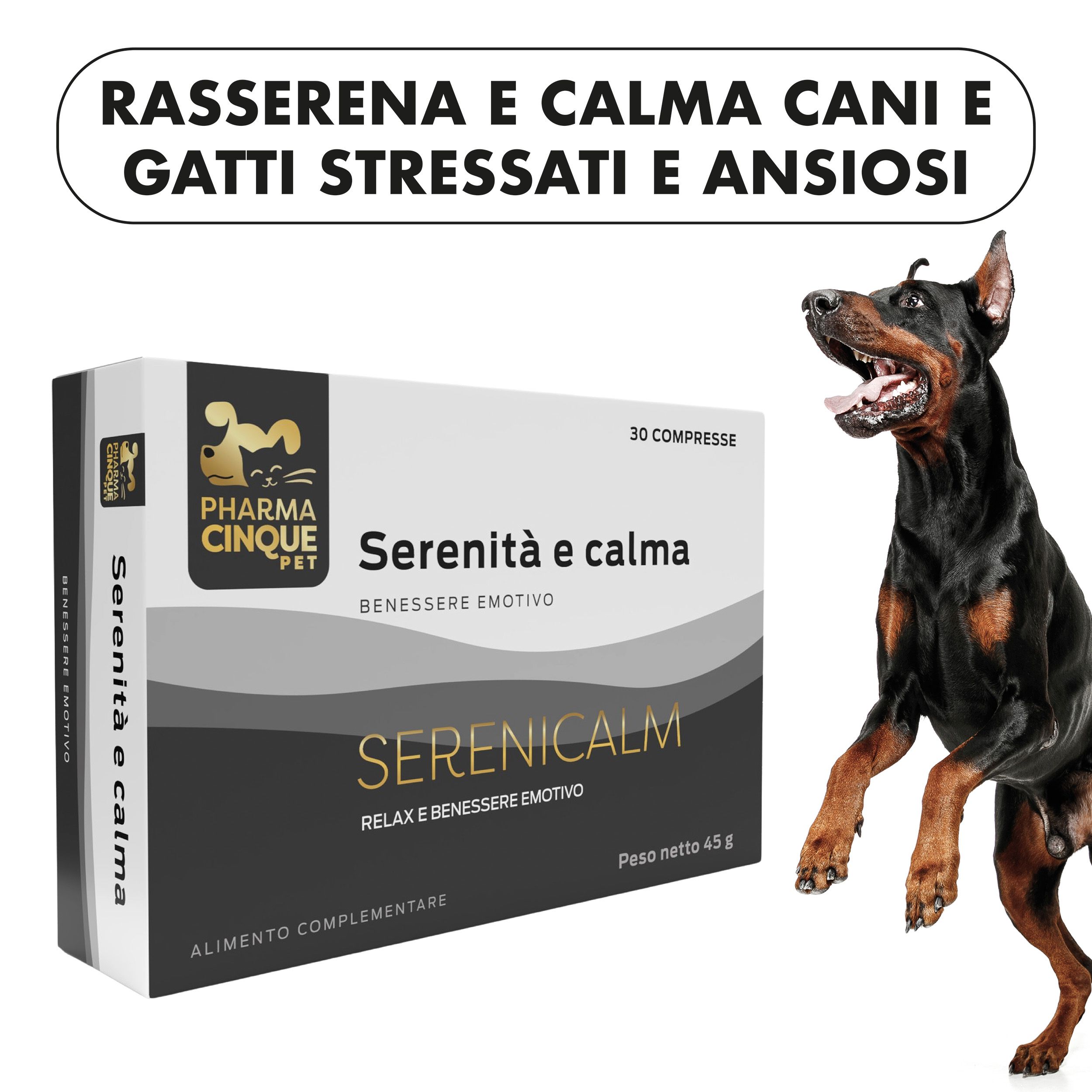 Confezione di SERENICALM. Testo: 'Rasserenà e calma cani e gatti stressati e ansiosi'. Cane che salta.