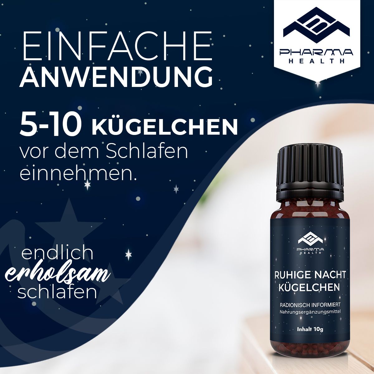 Flacone del prodotto con testo. Scritta: Pharma Health, Ruhige Nacht Kügelchen. Testo: Facile utilizzo, 5-10 granuli prima di dormire.