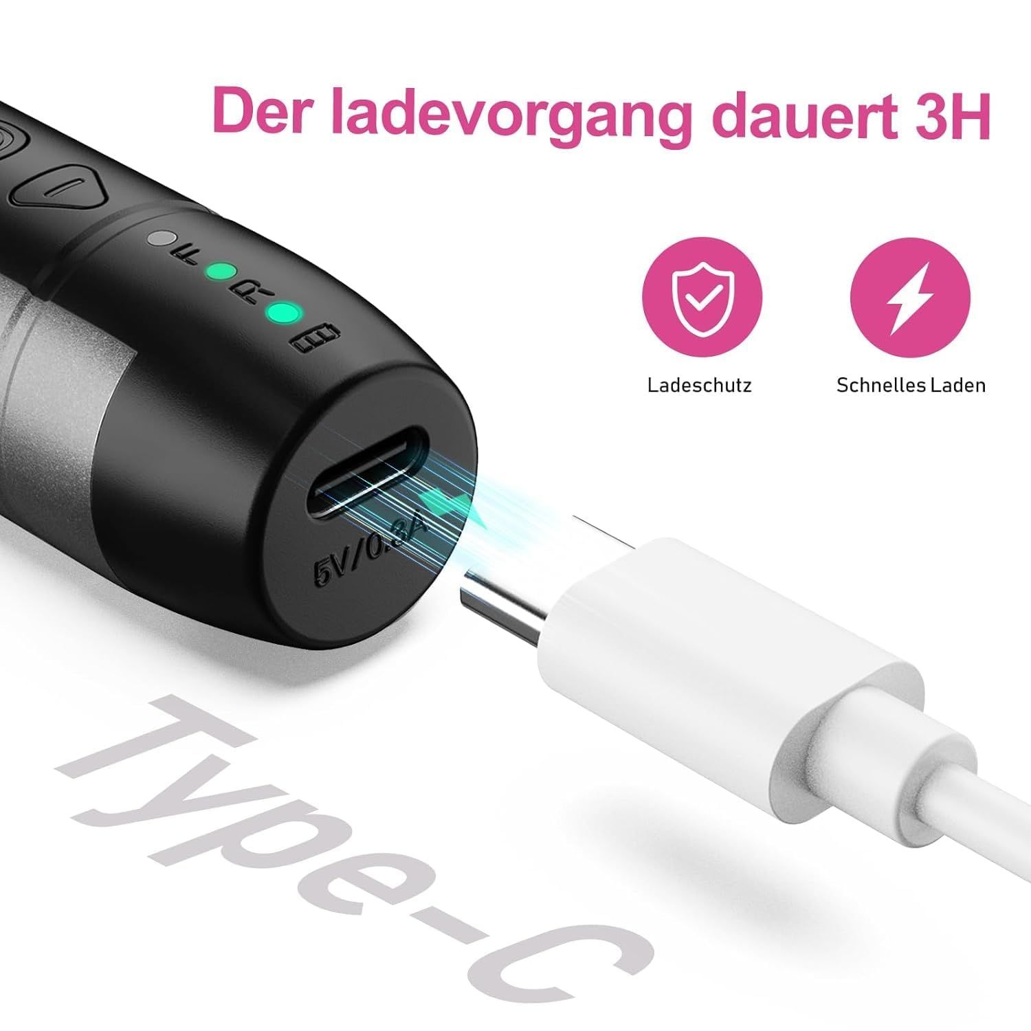 Dispositivo per manicure con cavo di ricarica. Porta USB-C. Indicatore di carica.