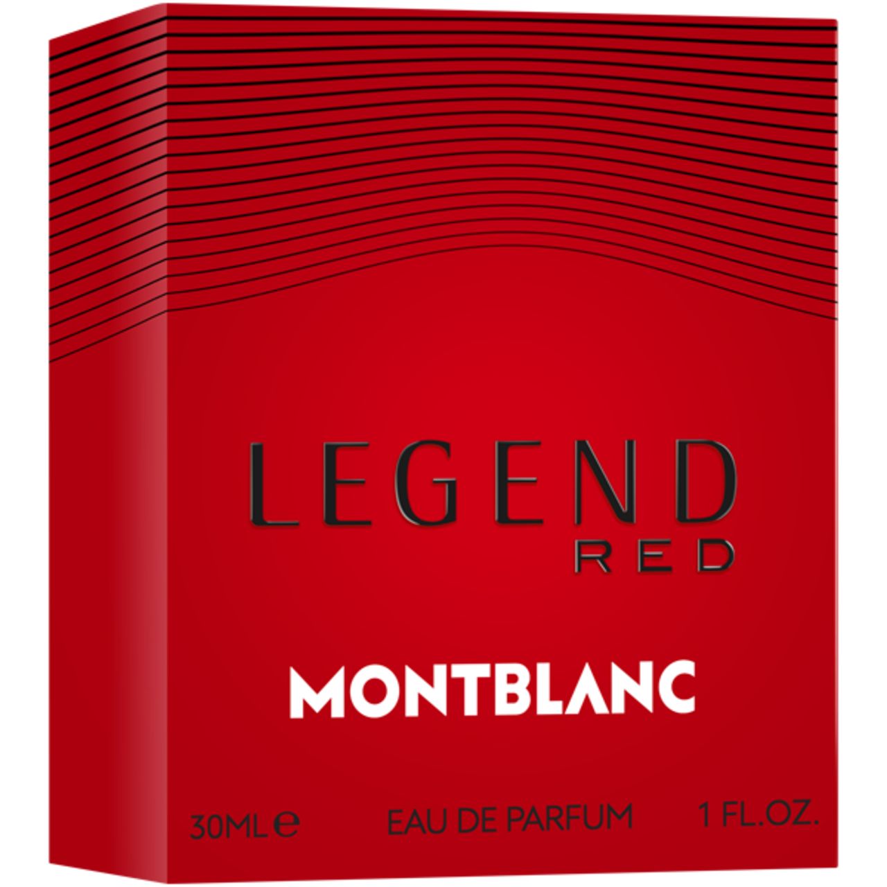 Scatola regalo Montblanc Legend Red Eau de Parfum rossa con linee nere.