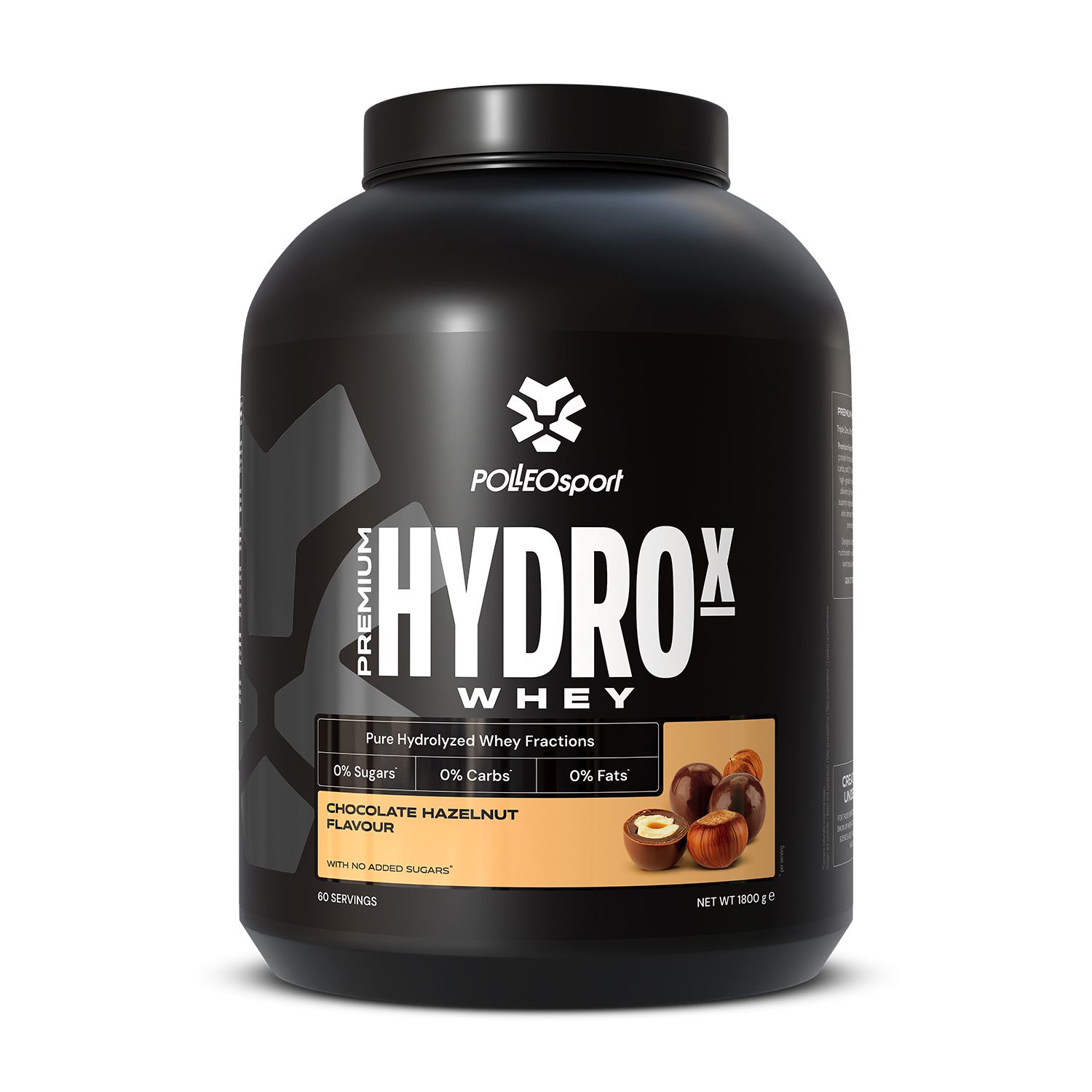 Barattolo nero Polleo Hydro X Whey. Gusto cioccolato-nocciola. Contiene noci e cioccolato. Logo PolleoSport.
