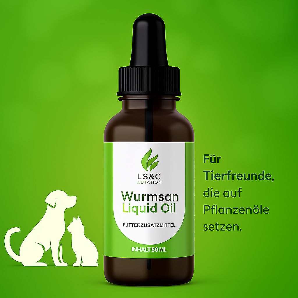 Flacone di vetro marrone con contagocce, etichetta con LS&C Nutrition, Wurmsan Liquid Oil. Sagoma cane e gatto. Testo: Per gli amanti degli animali.