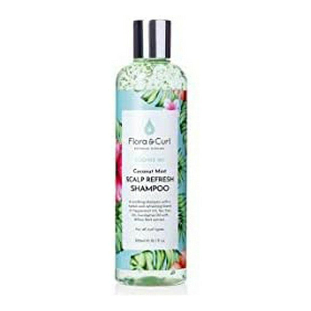 Flacone di shampoo. Scritta: Flora & Curl, Soothe Me, Coconut Mint Scalp Refresh Shampoo. Motivi floreali.