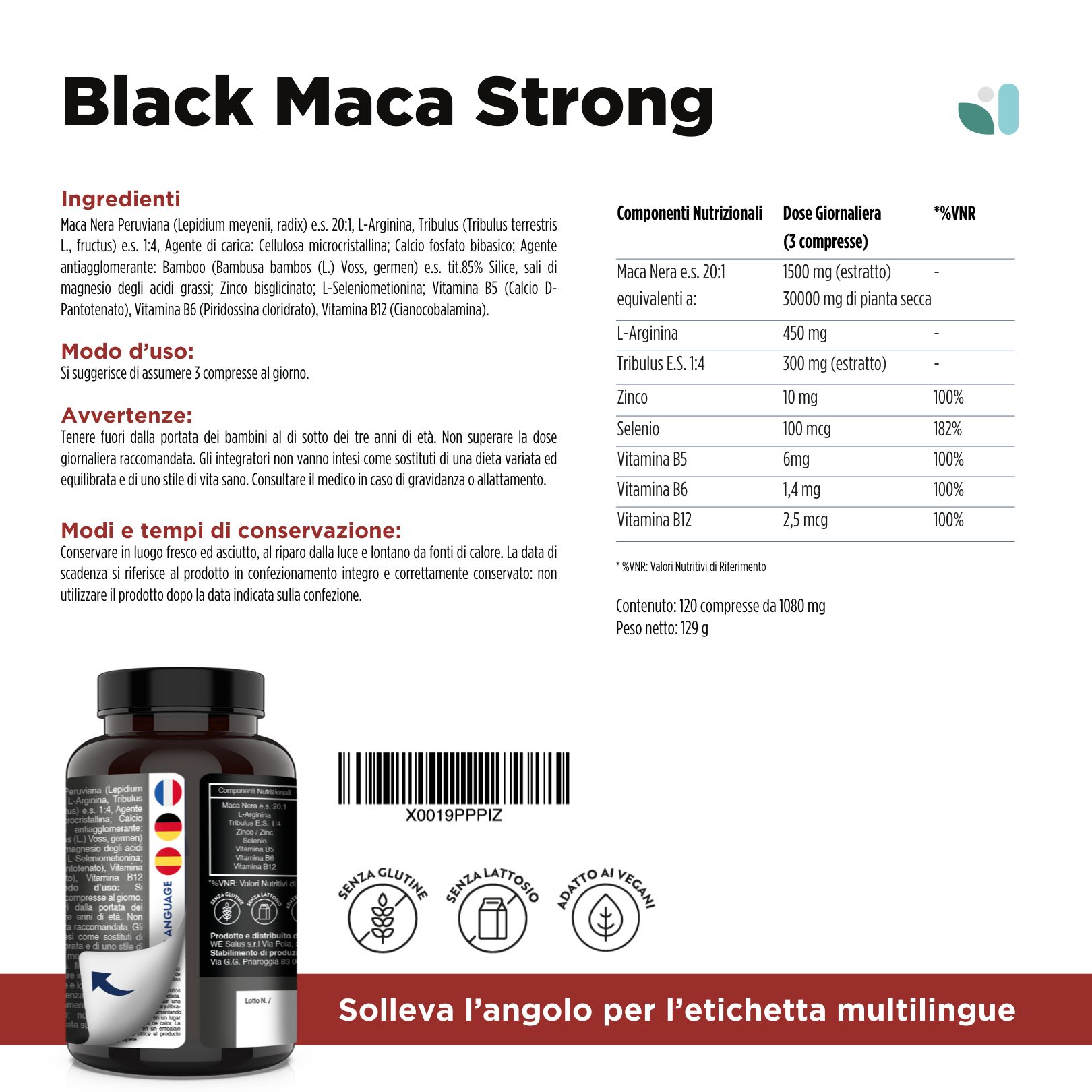 Flacone di compresse. Testo: Black Maca Strong. Ingredienti, informazioni nutrizionali, avvertenze.