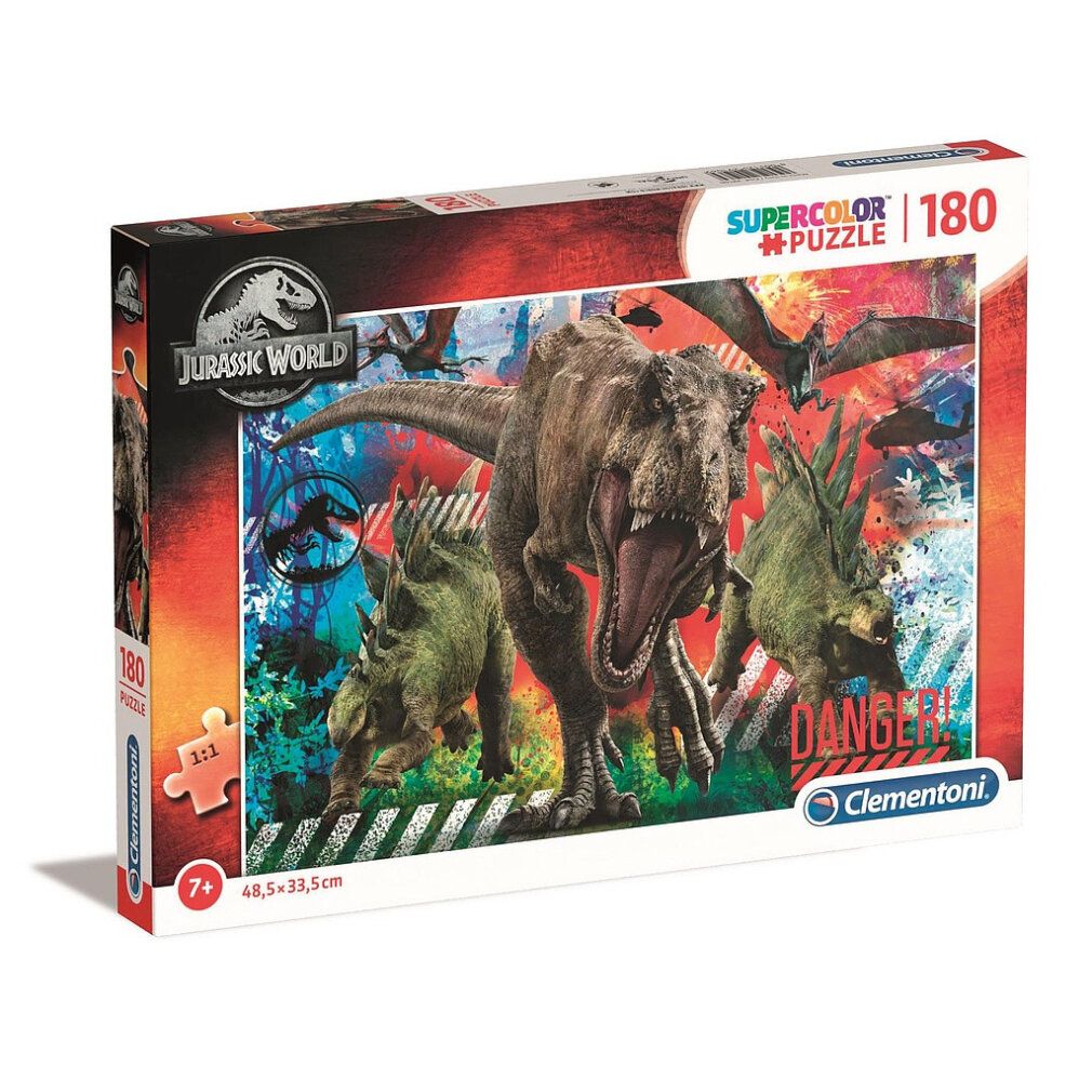 Scatola puzzle Jurassic World, 180 pezzi, dimensioni 48,5x33,5cm. Immagine di dinosauri. Marca: Clementoni.