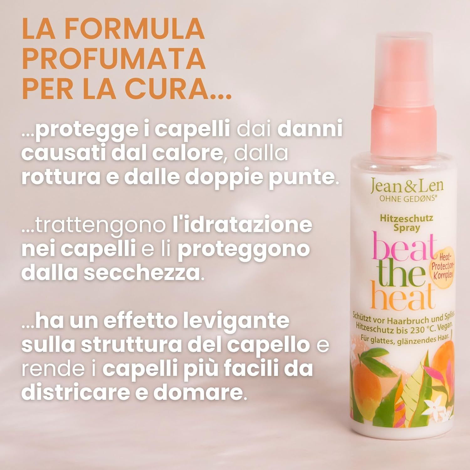 Spray protettivo dal calore con testo: Jean & Len, beat the heat. Testo: Protegge dalla rottura e dalle doppie punte. Per capelli lisci e lucenti.