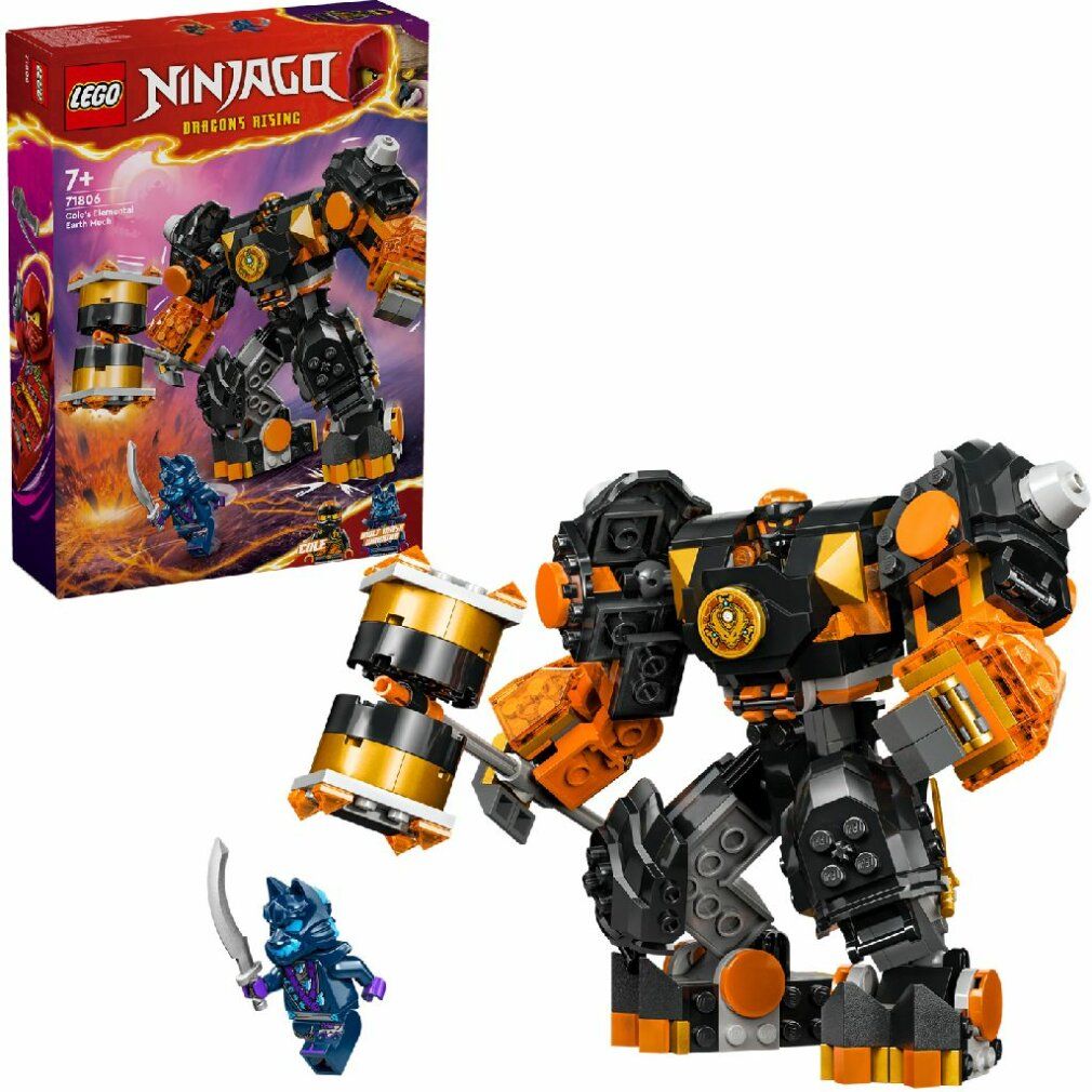 LEGO NINJAGO Mech Elemento di Terra di Cole. Robot con accessori e personaggio. Confezione sullo sfondo.