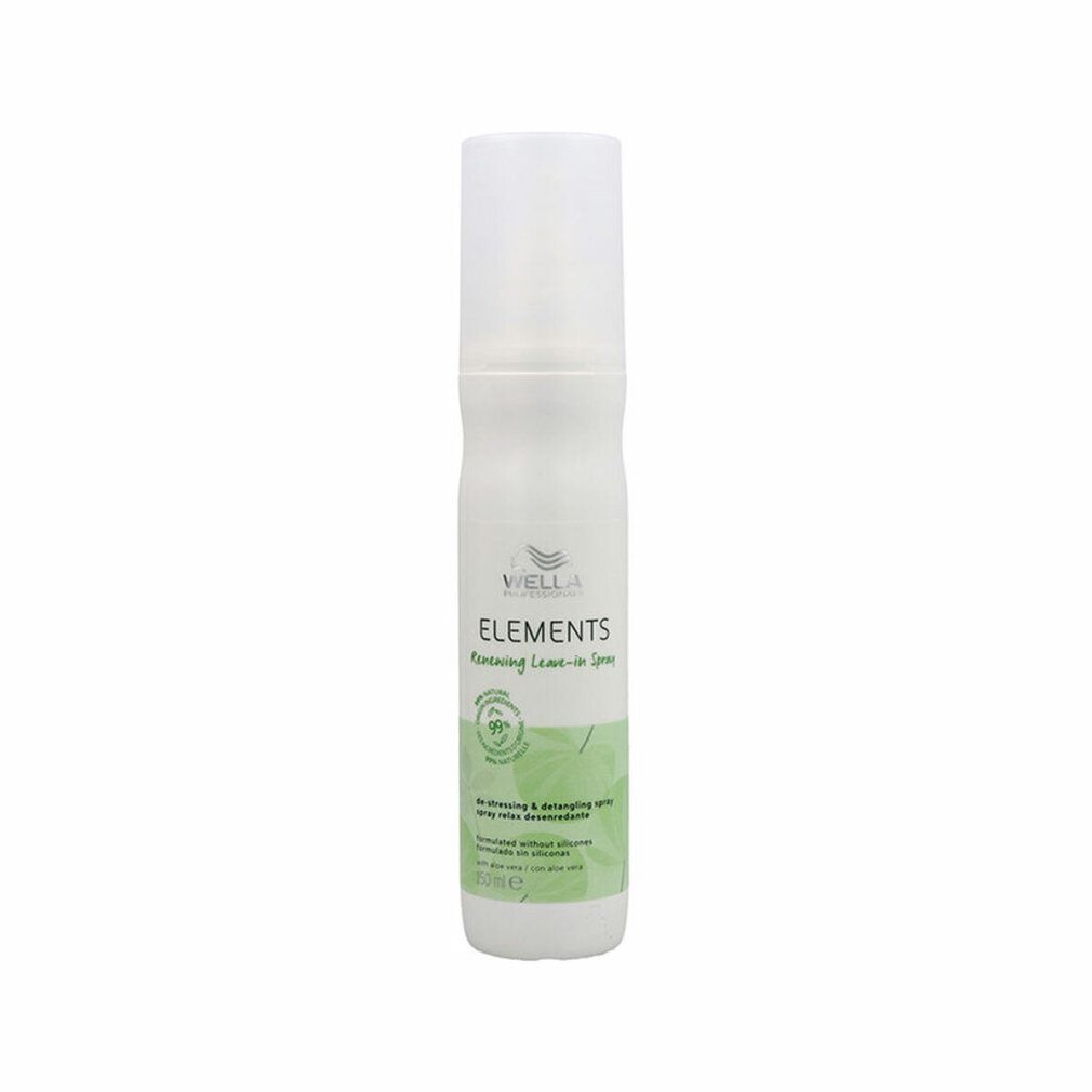 Spray bianco con etichetta verde. Scritta: ELEMENTS, Leave-in Spray. Con logo e testo.