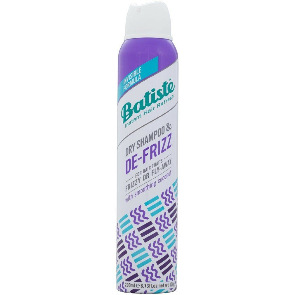 Batiste shampoo secco De-Frizz. Flacone viola con tappo bianco. Testo: Instant Hair Refresh, Dry Shampoo & De-Frizz.